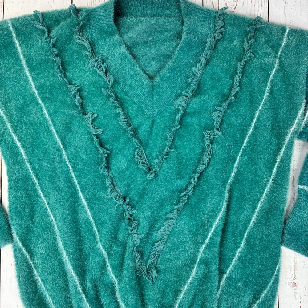 Vintage Teal Green Angora Fringe V-Neck Sweater Pinstripe Knit Pullover - Picture 4 of 6